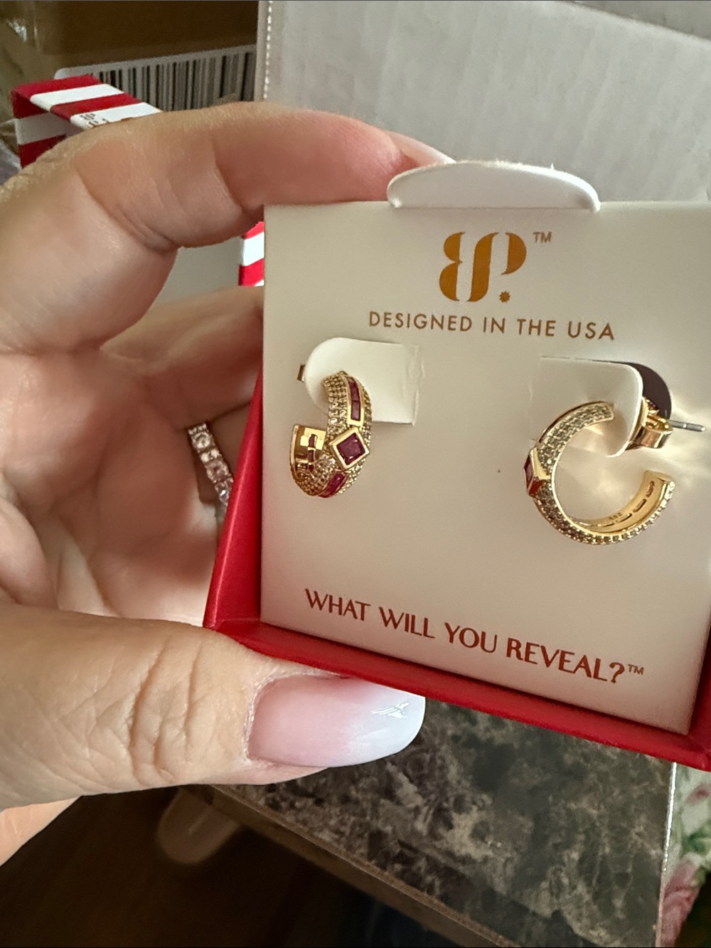 Gold-Tone Hoop Earrings with Pink Gem Accents by JP